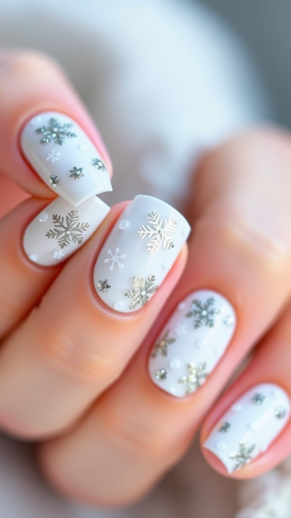 Elegant short white Christmas nails with snowflake designs and glitter.